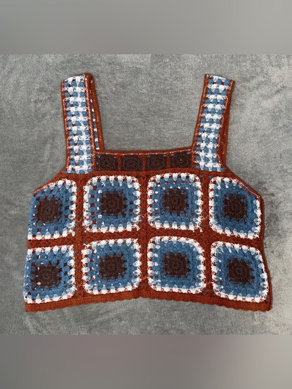 Boho Crochet Granny Square-Panel Crop Tank Top in Blue and Brown - GUC - Picture 3 of 4